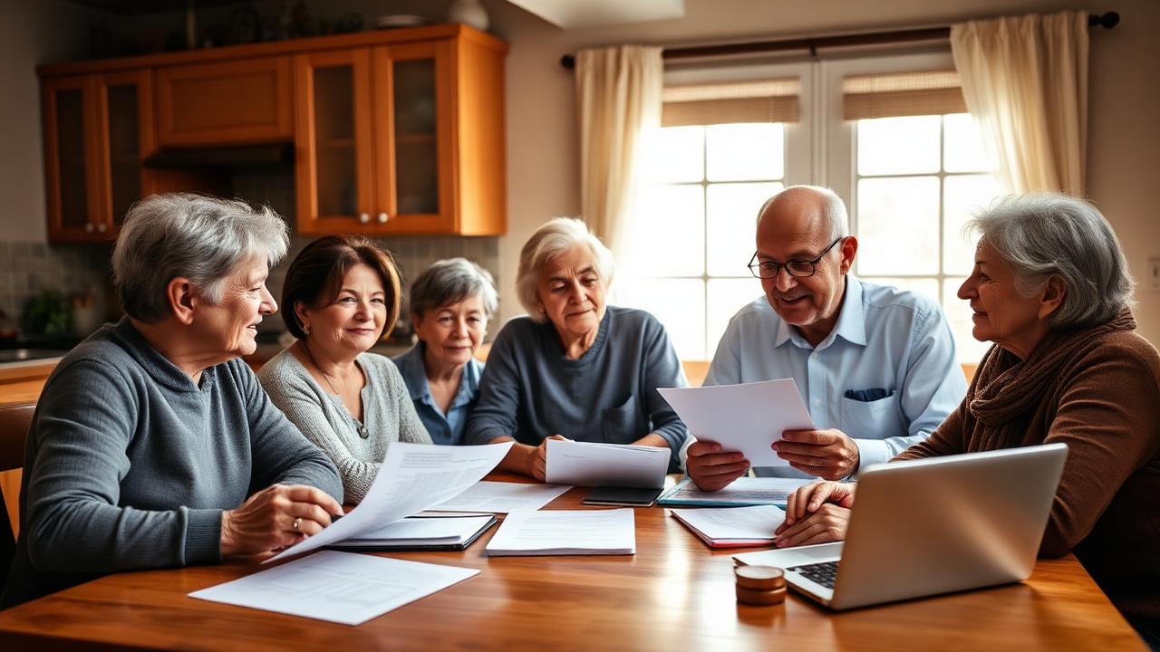 Family members discussing medical wishes and advance directive documents at a kitchen table