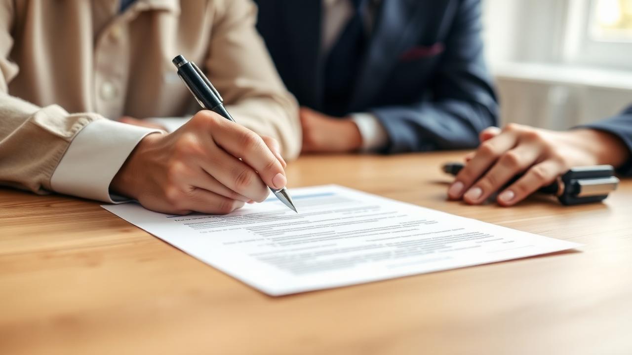 Adult signing legal documents at a table with witness present