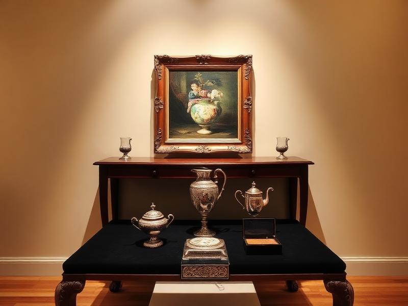 Specialty items cataloged for auction, including antique furniture, fine art, and collectibles on display