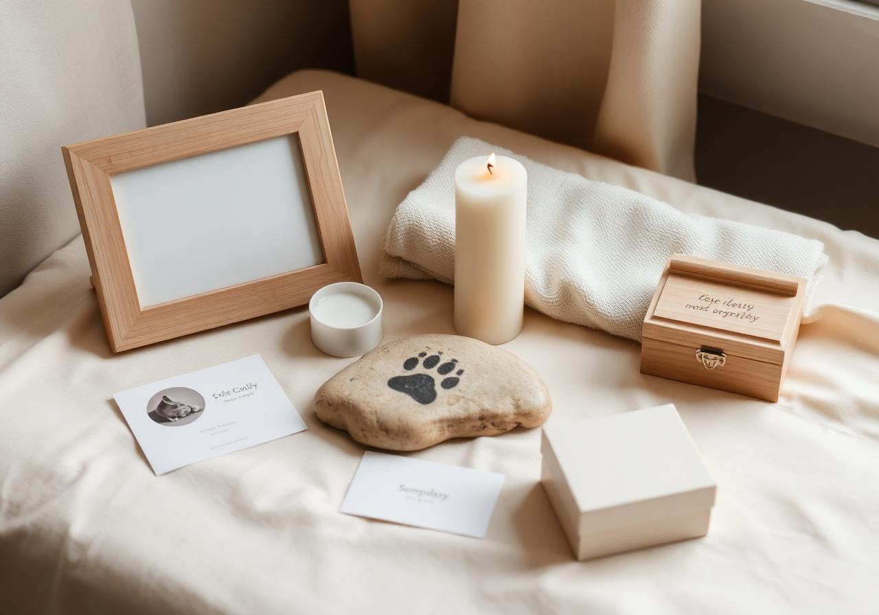 Cat memorial gifts — photo frame, candle, paw print keepsake, sympathy card, garden stone, and blanket