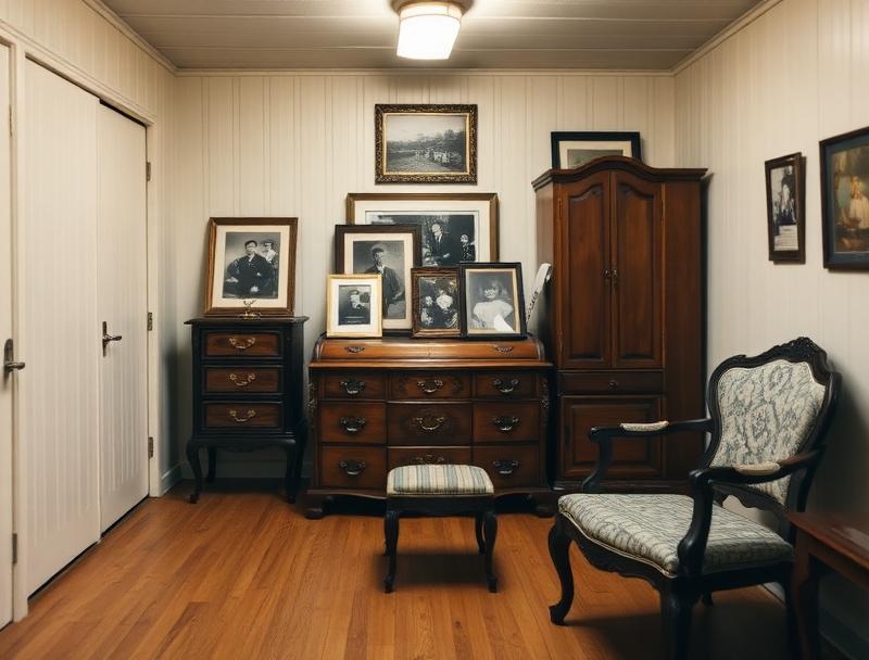 Antique wooden furniture and framed photographs in a climate-controlled storage unit
