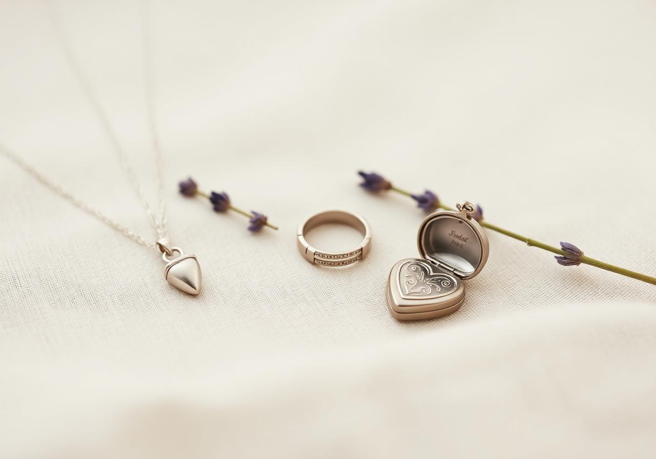 Cremation jewelry for ashes — silver urn pendant necklace, memorial ring, and heart-shaped locket on cream linen with dried lavender