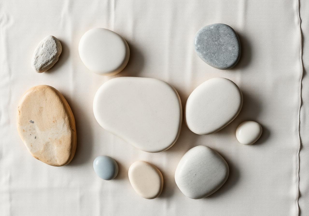 Smooth cremation stones memorial option — solidified remains in soft, neutral colors on a calm linen surface