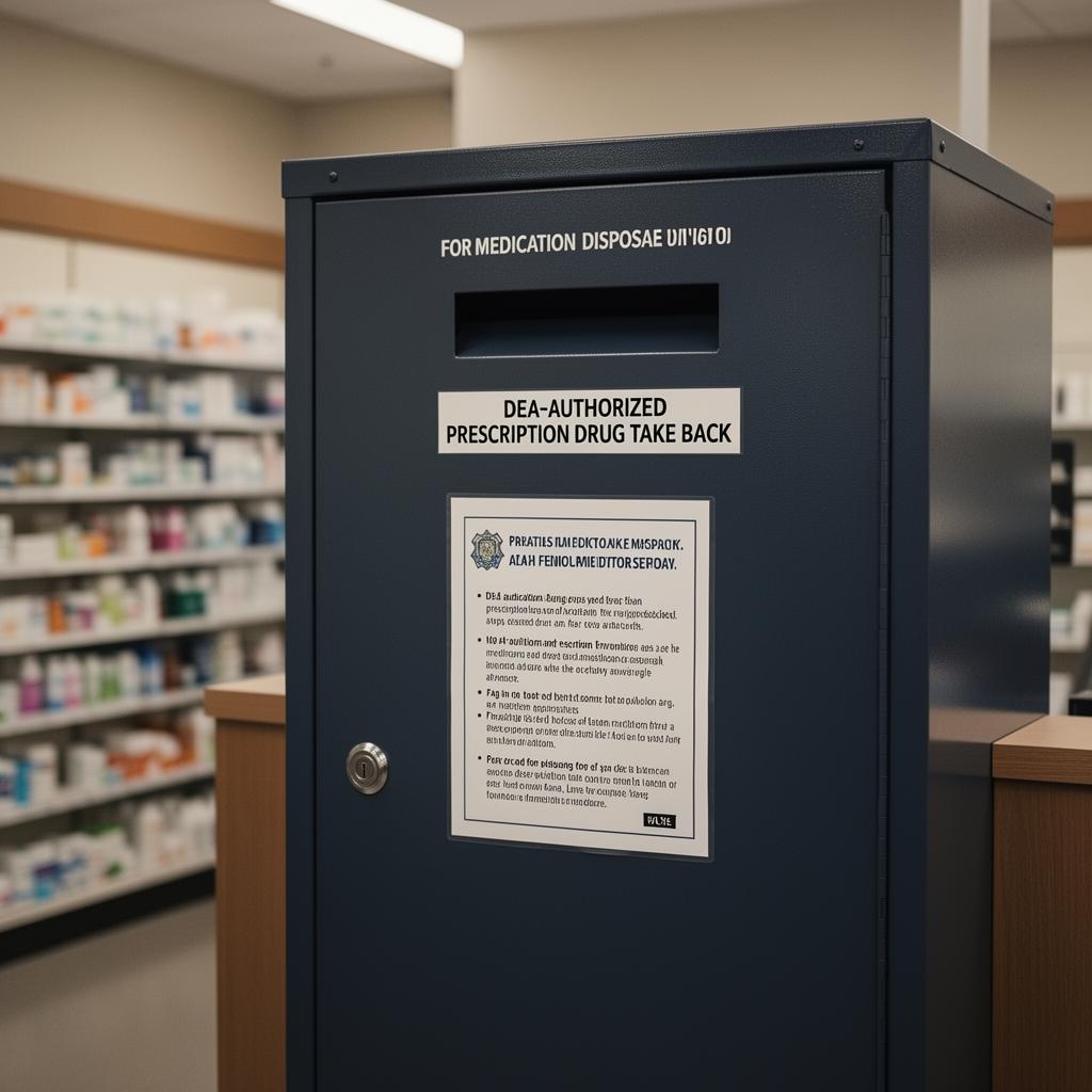 A DEA-authorized drug take-back drop box at a pharmacy, showing medication disposal instructions