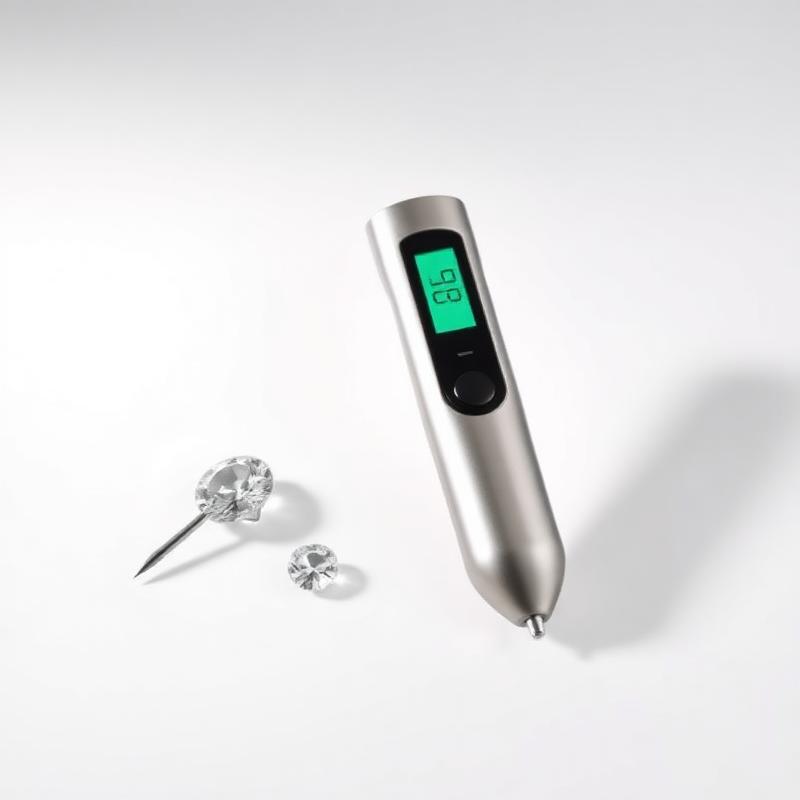 Electronic diamond tester pen with green LED display next to a loose diamond