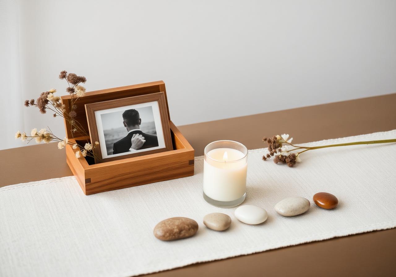 DIY cremation stones caution guide — peaceful home memorial with memory box, candle, and natural pebbles