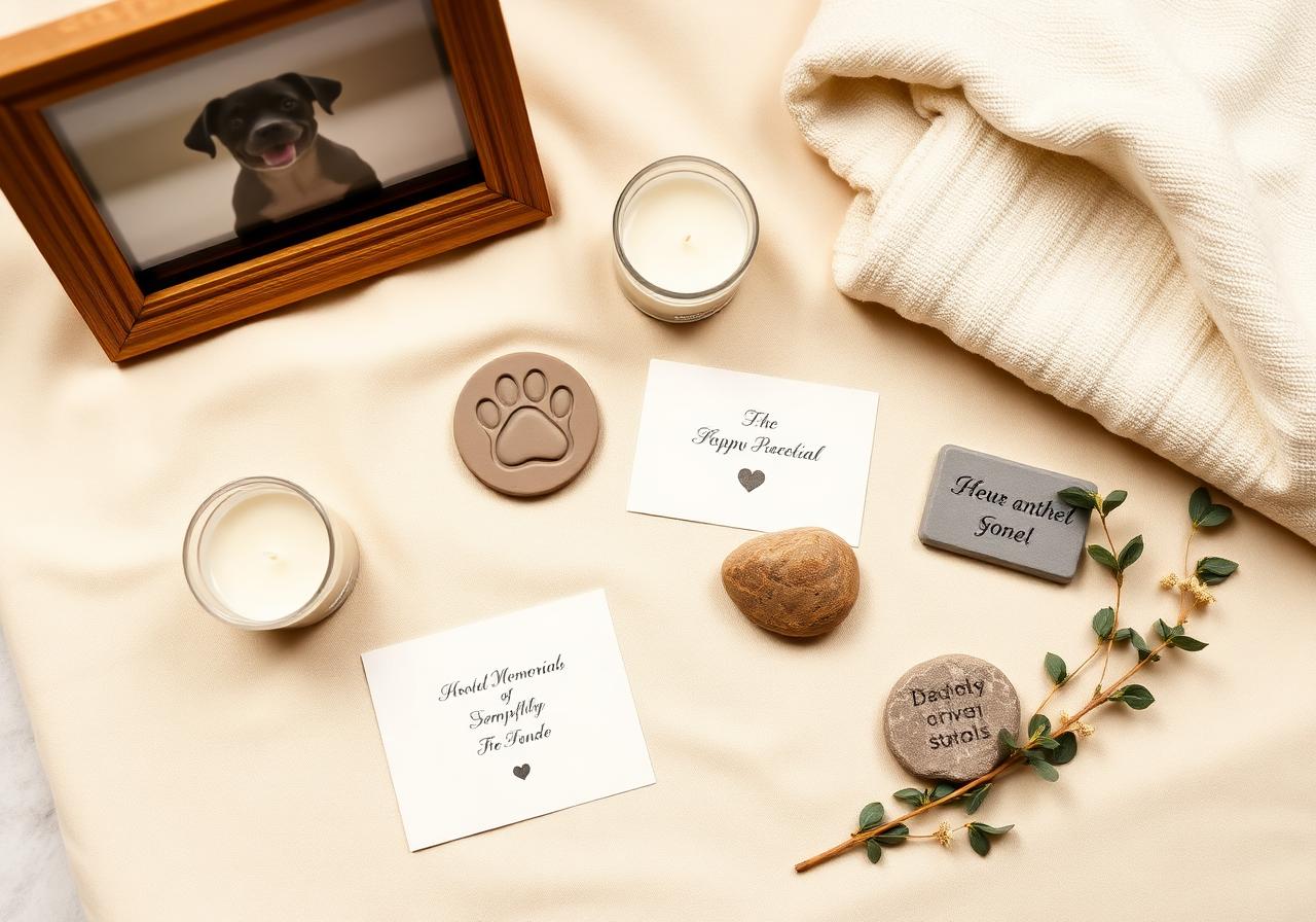 Dog memorial gifts — photo frame, candle, paw print keepsake, sympathy card, garden stone, and blanket