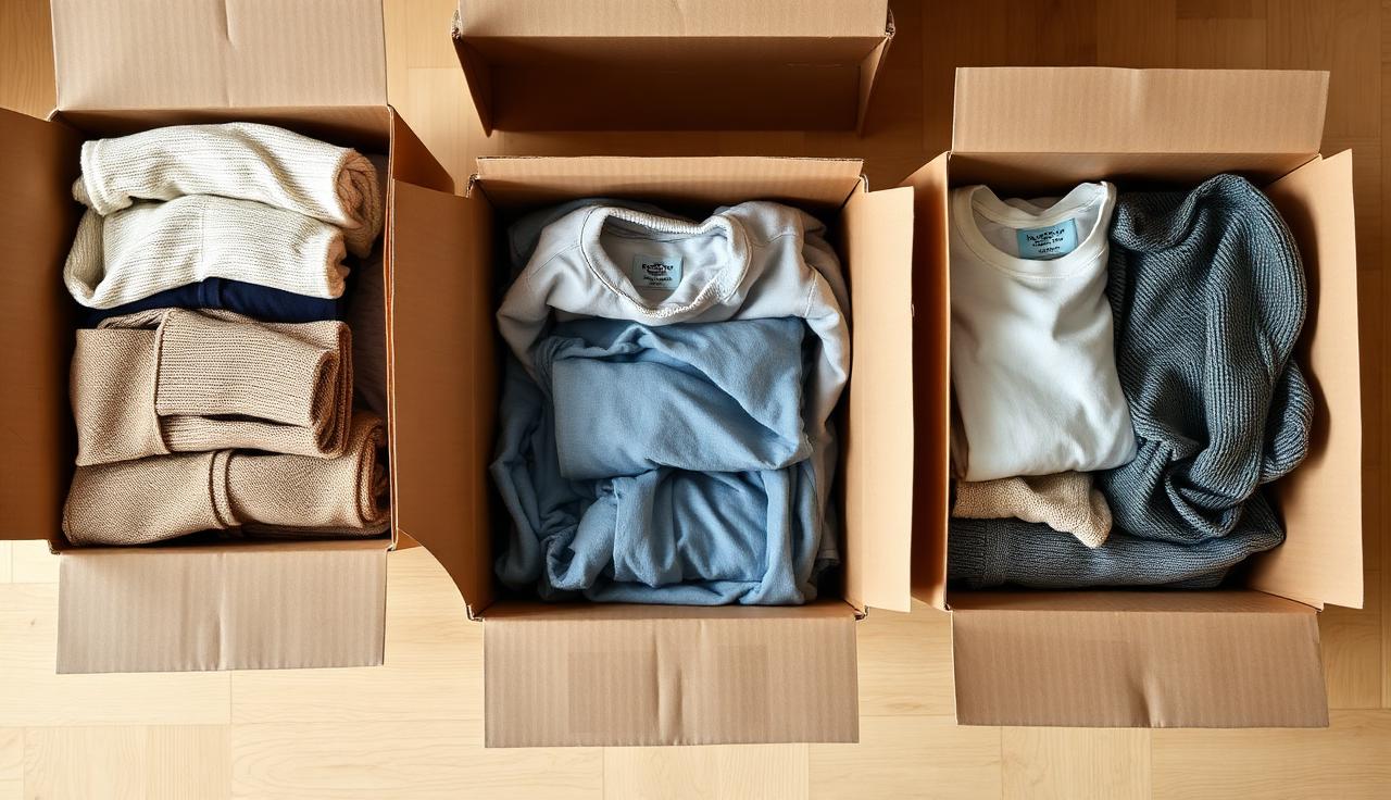Neatly folded clothing being packed into boxes for charitable donation