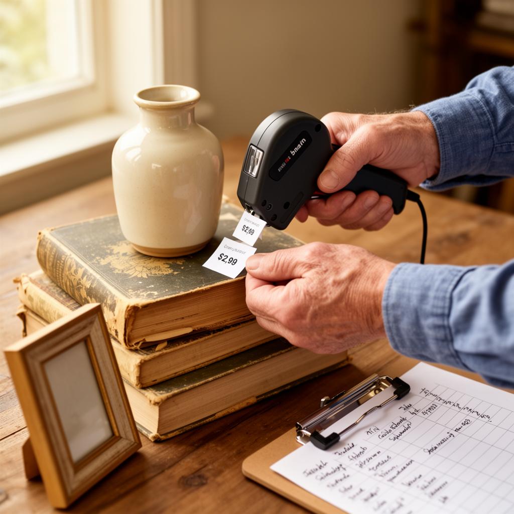 A family member pricing items with a price gun during estate sale preparation