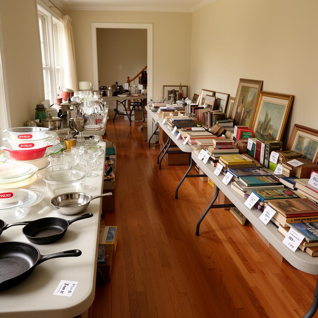 Tables and displays of household items priced for sale during an estate sale inside a residential home