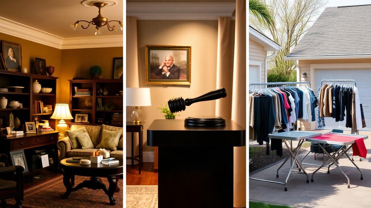 Three scenes showing an estate sale inside a home, an auction house bidding floor, and a driveway garage sale side by side