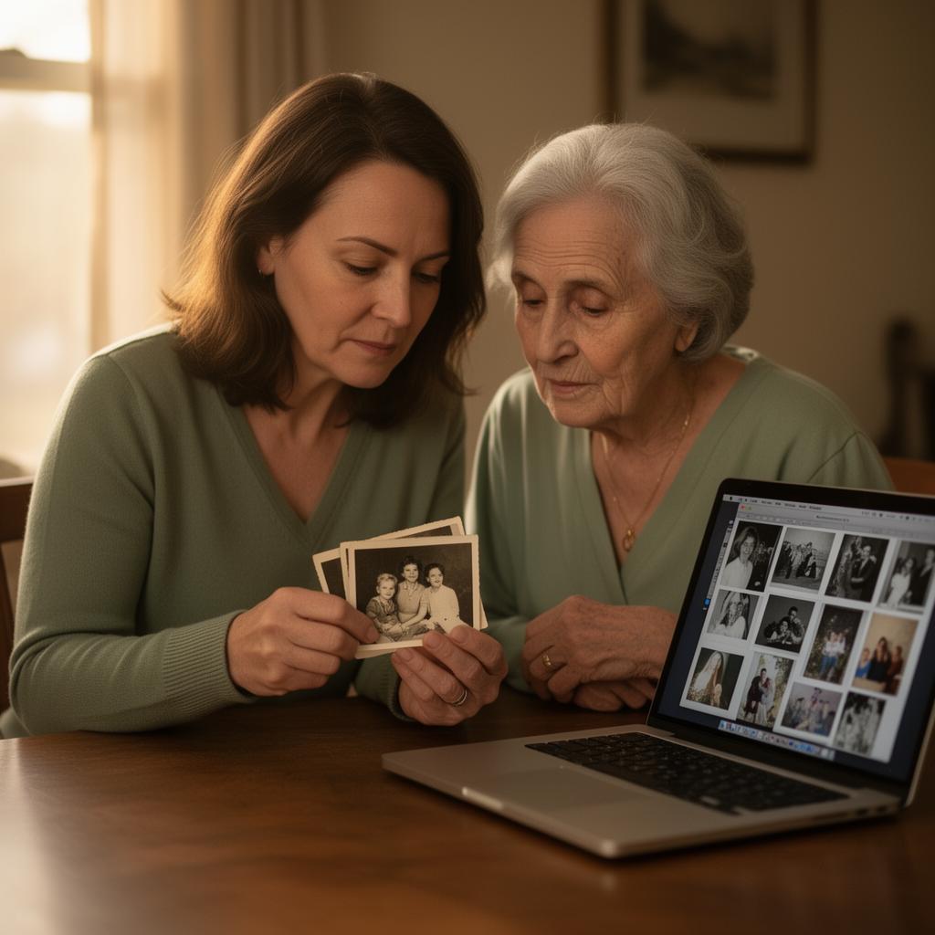 An adult daughter and her elderly mother sitting at a table looking at old family photographs together with a laptop showing scanned thumbnails beside them