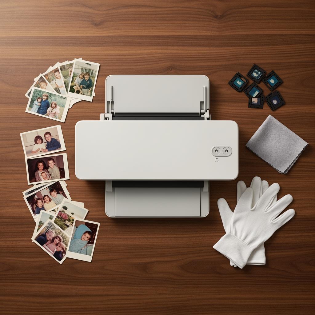 A flatbed scanner on a wood desk with organized piles of vintage family prints and a few 35mm slides