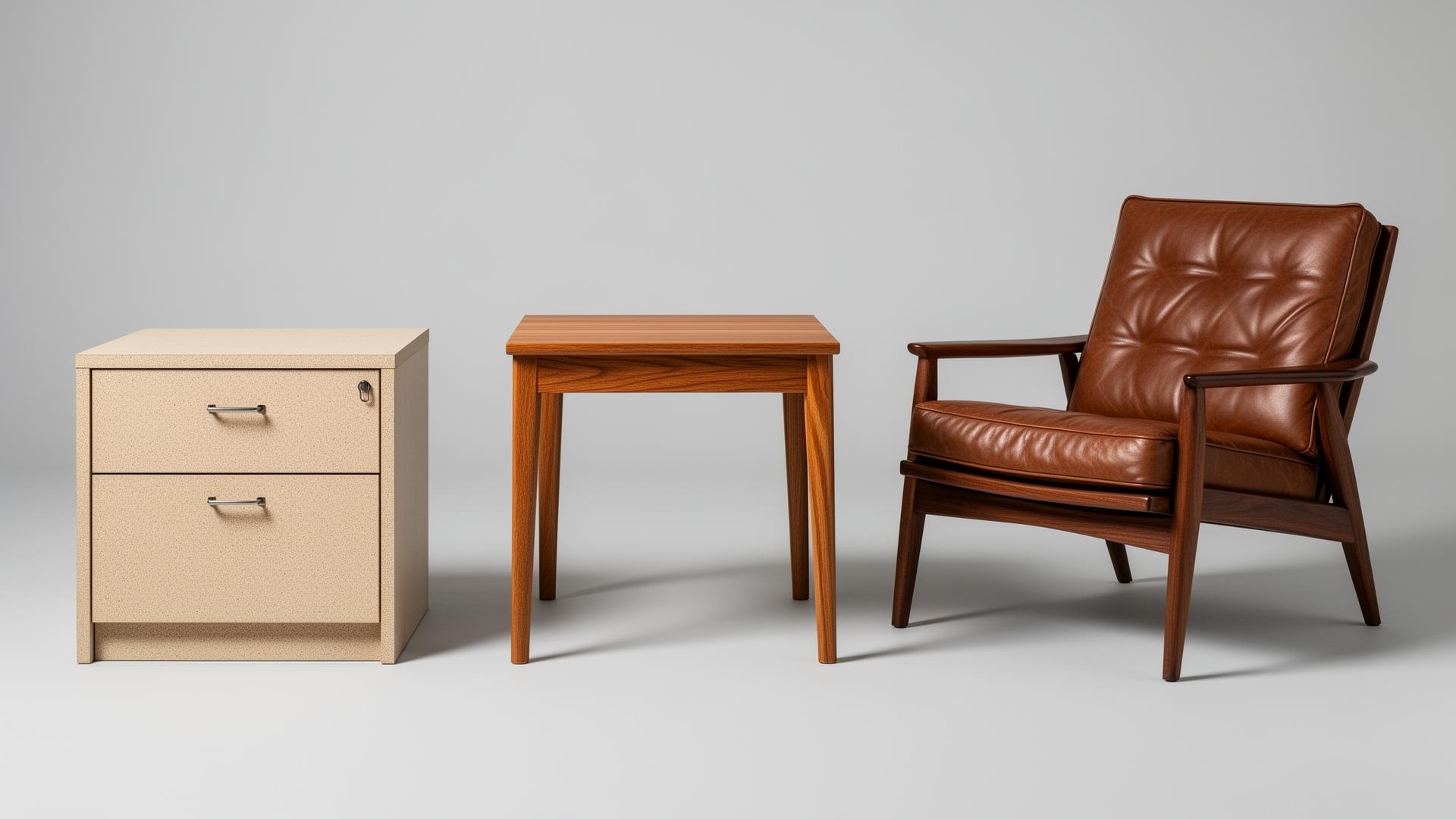 Three categories of inherited furniture — a standard particleboard nightstand on the left, a quality solid-wood side table in the middle, and a genuine mid-century modern walnut leather lounge chair on the right