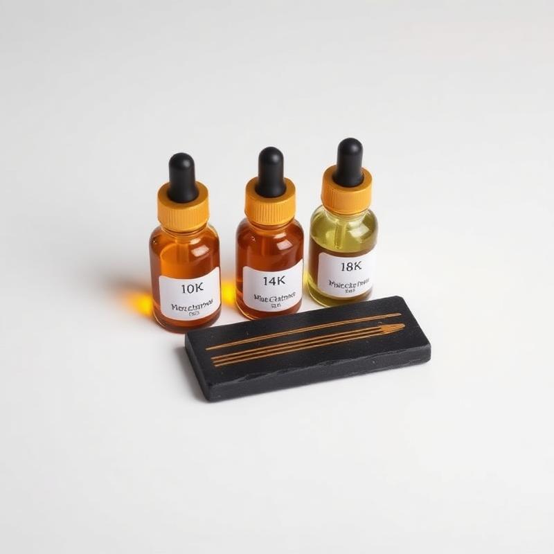 Gold testing kit with three acid bottles labeled 10K 14K 18K and a black slate touchstone