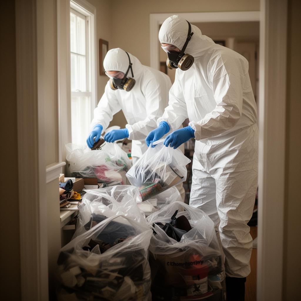 Professional hoarder cleanup crew in PPE and Tyvek suits working inside a residential home