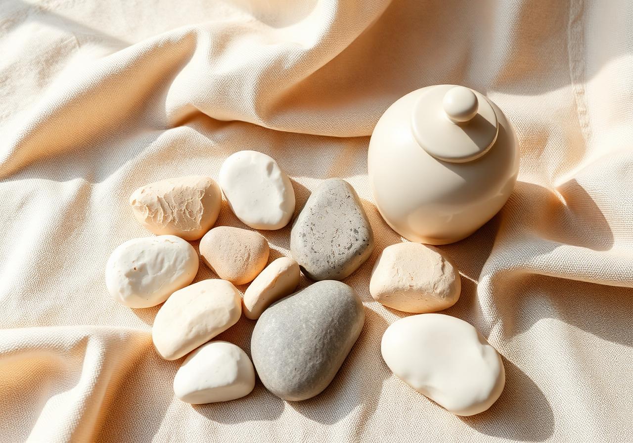 Is Parting Stone legit — smooth solidified cremation stones in cream and pale gray on natural linen beside a small ceramic urn