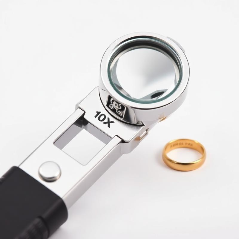 10x jeweler's loupe foldable magnifier next to a gold wedding band