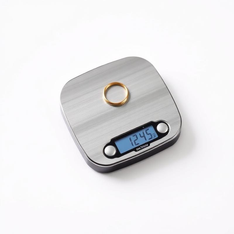 Digital jewelry scale weighing a small gold ring on a stainless steel platform
