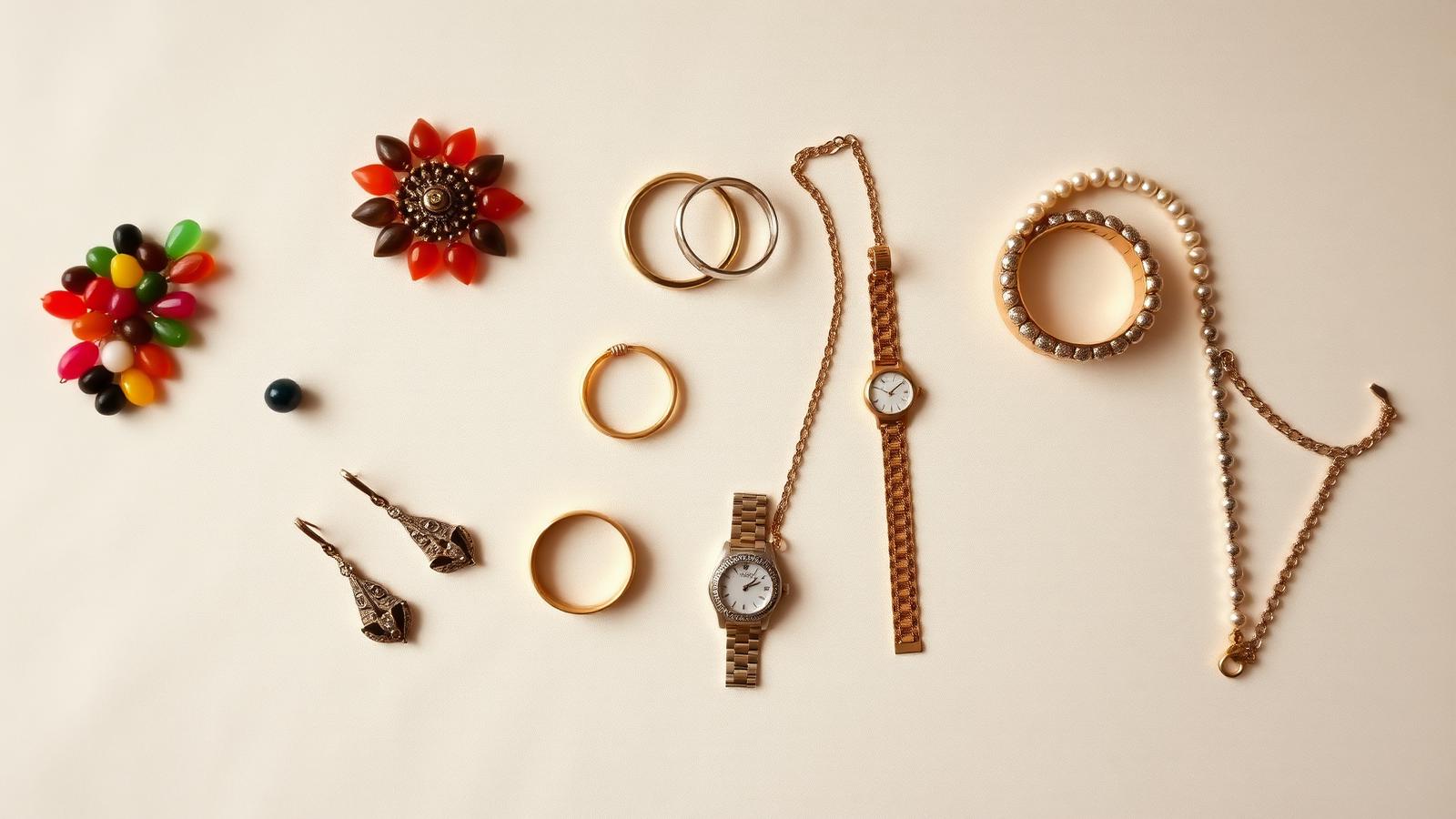 Three groups of inherited jewelry sorted by tier — costume pieces on the left, mid-range gold and stones in the middle, and fine jewelry with designer marks on the right