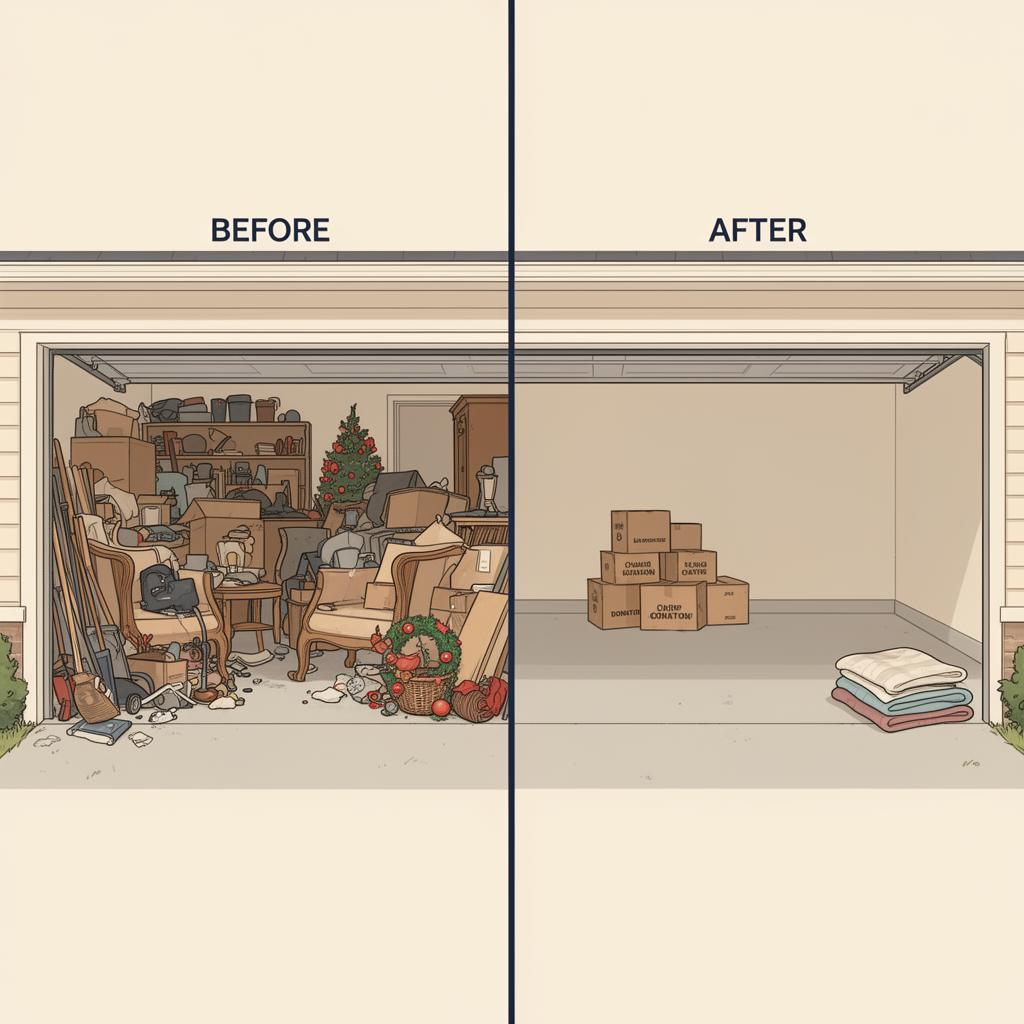 Before and after illustration of an estate garage cleanout in suburban Ohio