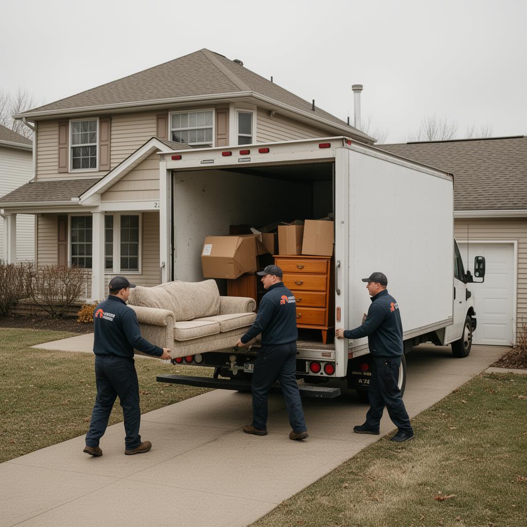 Junk removal crew loading furniture into a truck outside a suburban home after an estate cleanout