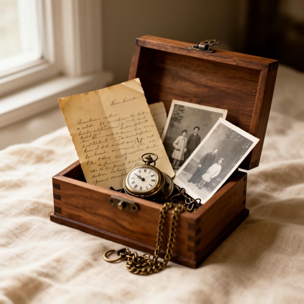 A small wooden keepsake box containing a folded handwritten letter, a pocket watch, and a few photographs