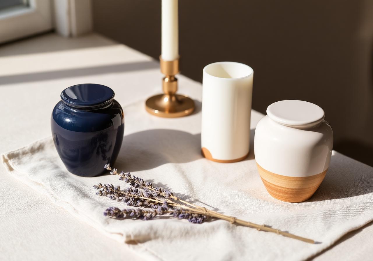 Keepsake urns for ashes — three small ceramic memorial urns in navy and cream on linen with dried lavender