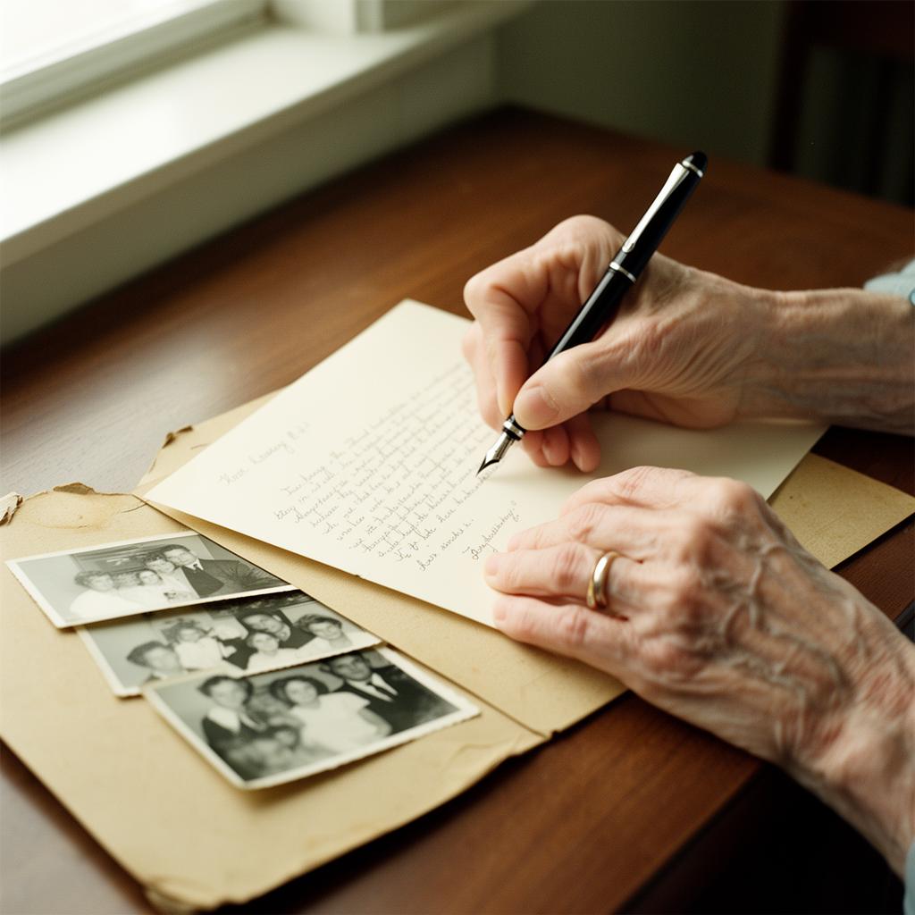 Close-up of an older woman's hands writing a handwritten letter with a fountain pen, beside a folder of black-and-white family photographs