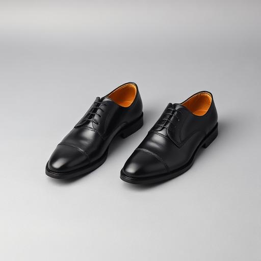 A pair of polished black leather cap-toe oxford dress shoes