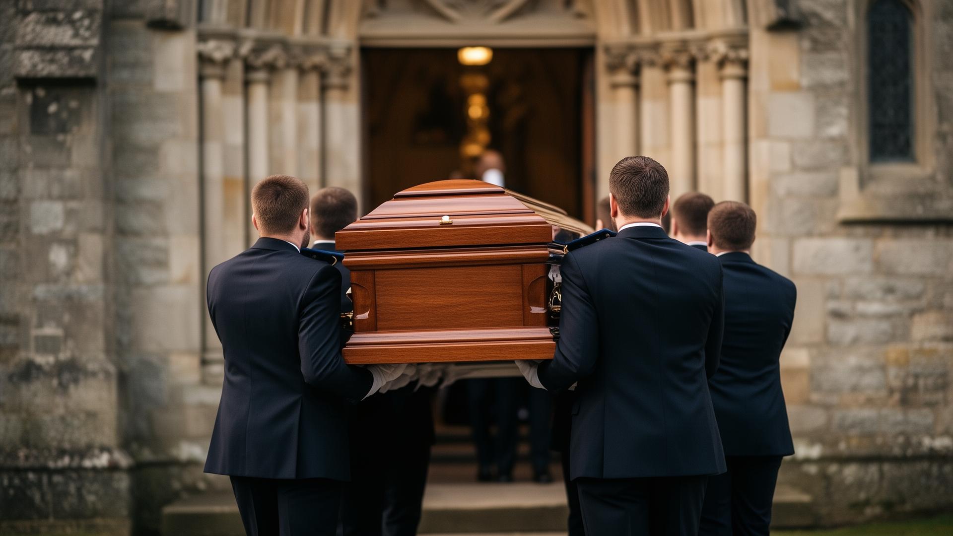 Six pallbearers in dark suits carrying a polished wooden casket toward a stone church during a funeral procession