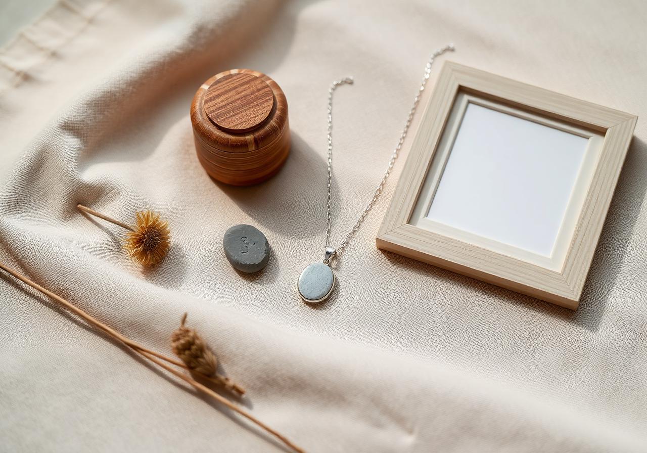 Parting Stone alternatives for cremated remains — urn, cremation pendant, smooth memorial stones and a framed photo on a soft neutral surface