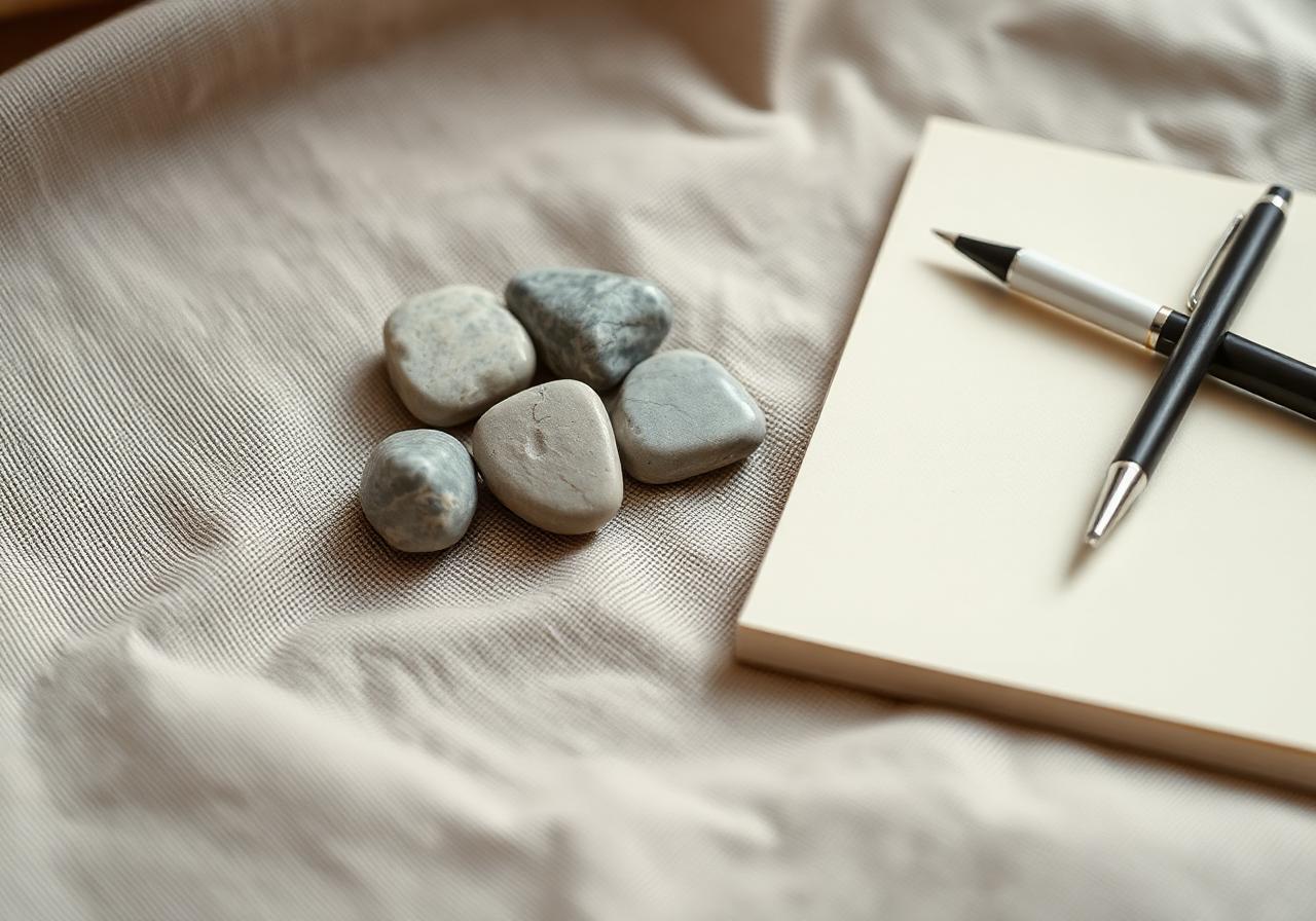 Parting Stone complaints and reviews — smooth solidified cremation stones beside a notebook and pen on natural linen, representing customer due diligence