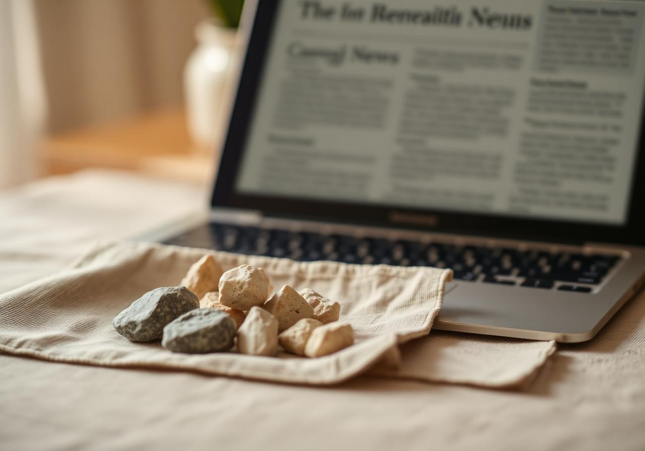 Parting Stone Shark Tank update — solidified cremation stones on natural linen beside a laptop showing a generic news article