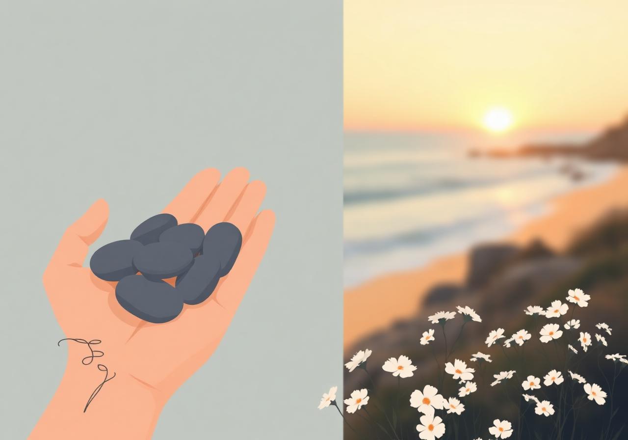 Parting Stone vs scattering ashes comparison — solidified cremation stones beside a peaceful coastal memorial scene