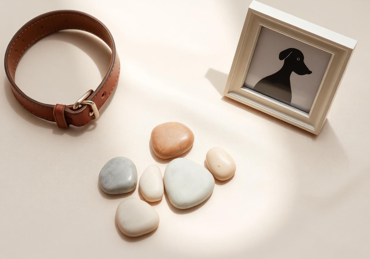 Pet memorial stones beside a leather collar and a small framed silhouette photo