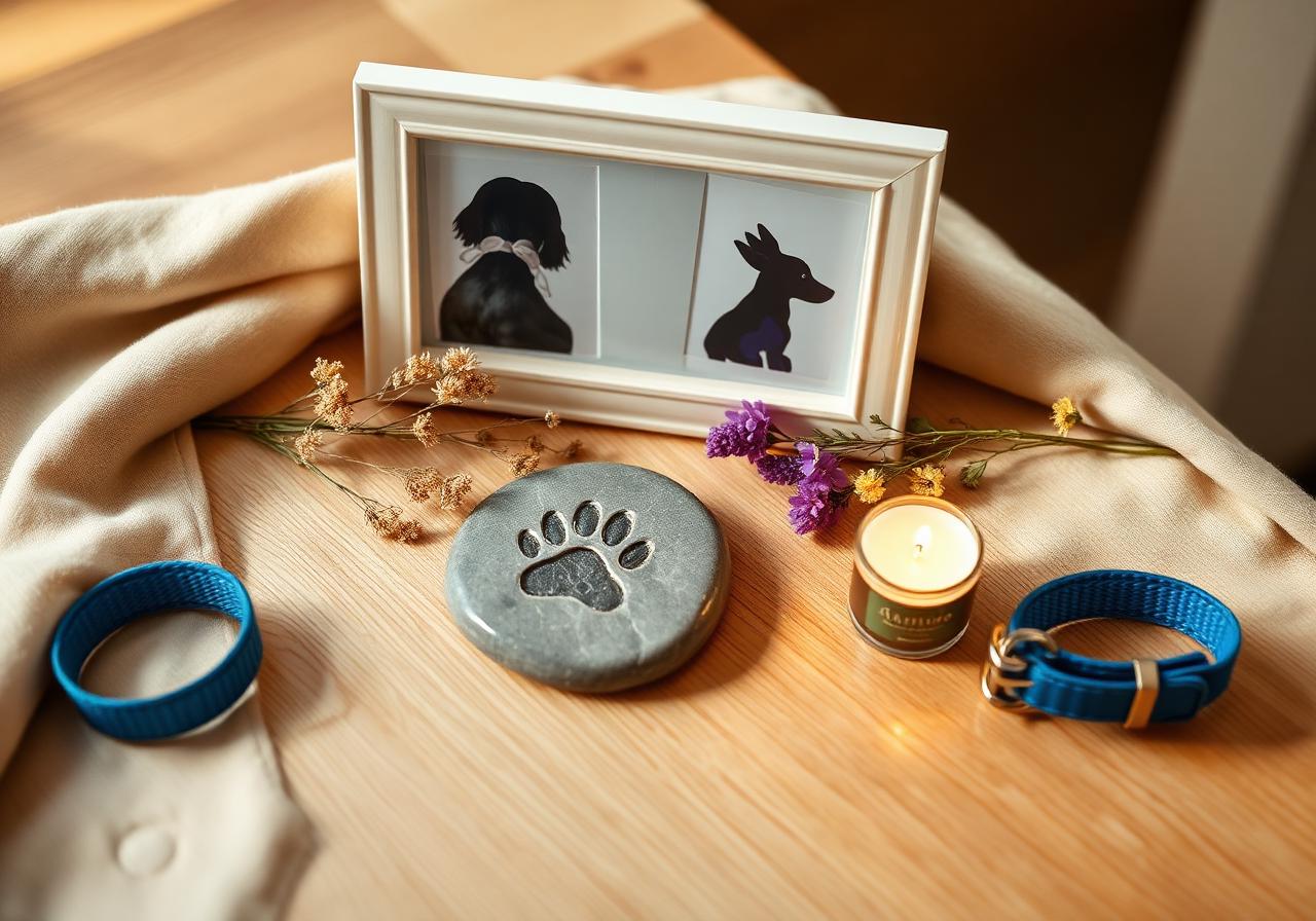 Pet memorial ideas — pet urns, pet memorial stones, photo frame, candle, and collar