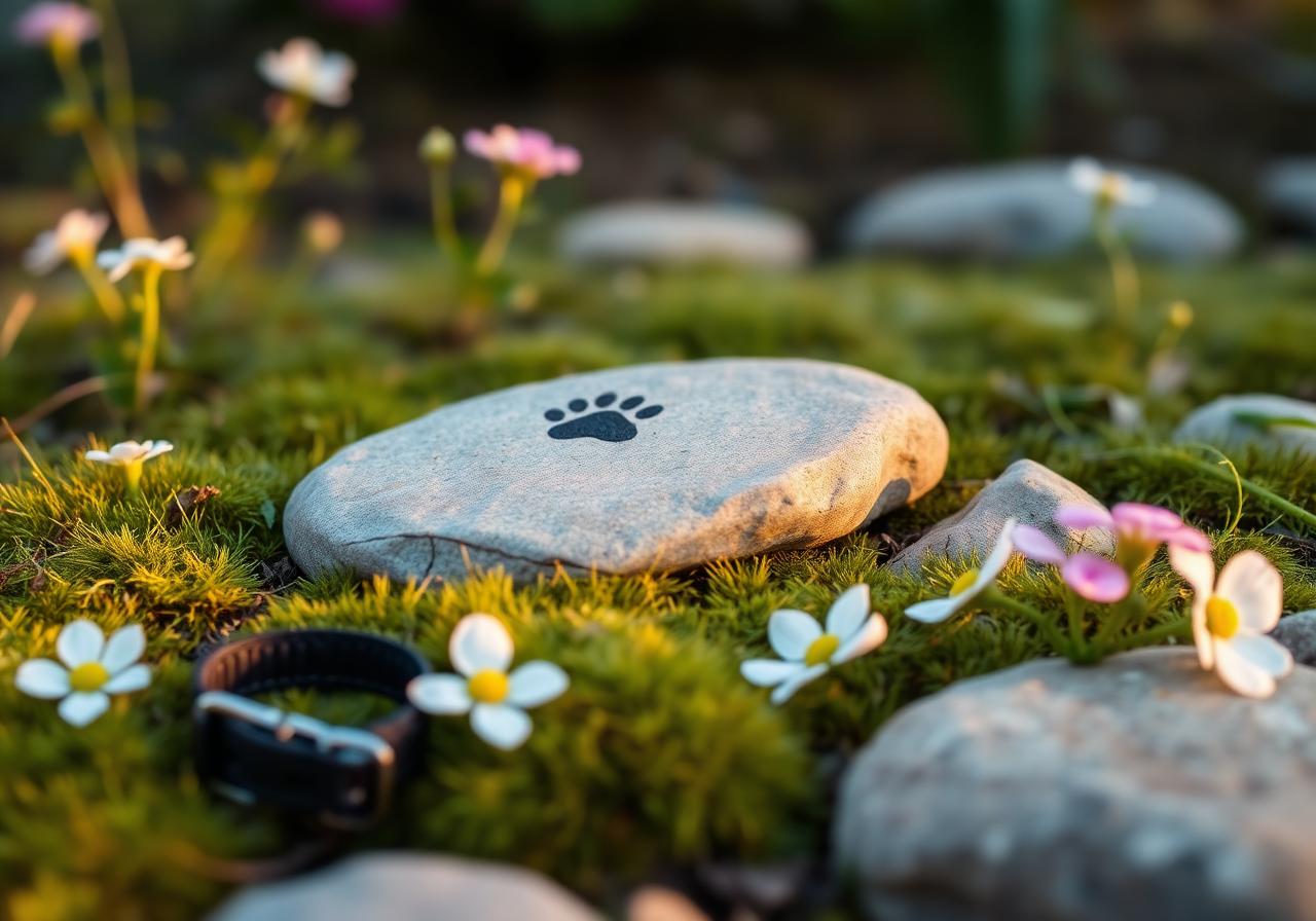Pet memorial stones — engraved garden stone with a paw print, flowers, and a small collar
