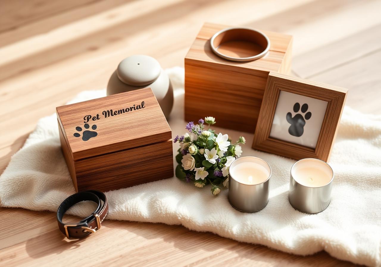 Pet urns for ashes — wooden pet urn, ceramic urn, paw print frame, collar, candle, and flowers in a quiet home memorial setting