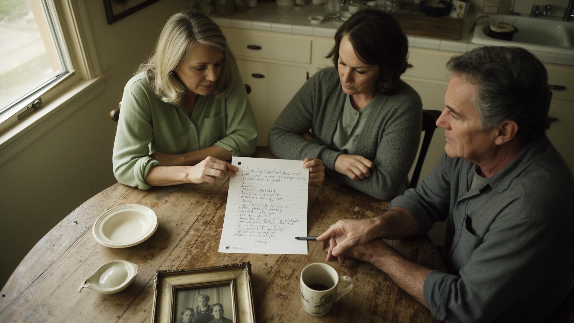 Three adult siblings sitting around a worn wooden kitchen table examining a handwritten list of inherited household items
