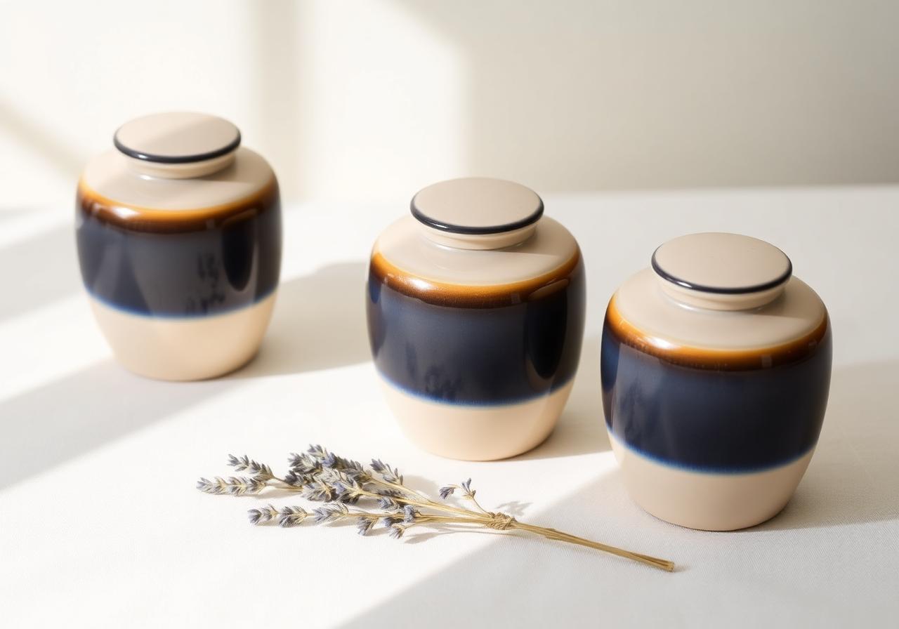 Small urns for ashes — three matching navy and cream ceramic keepsake urns on linen with dried lavender