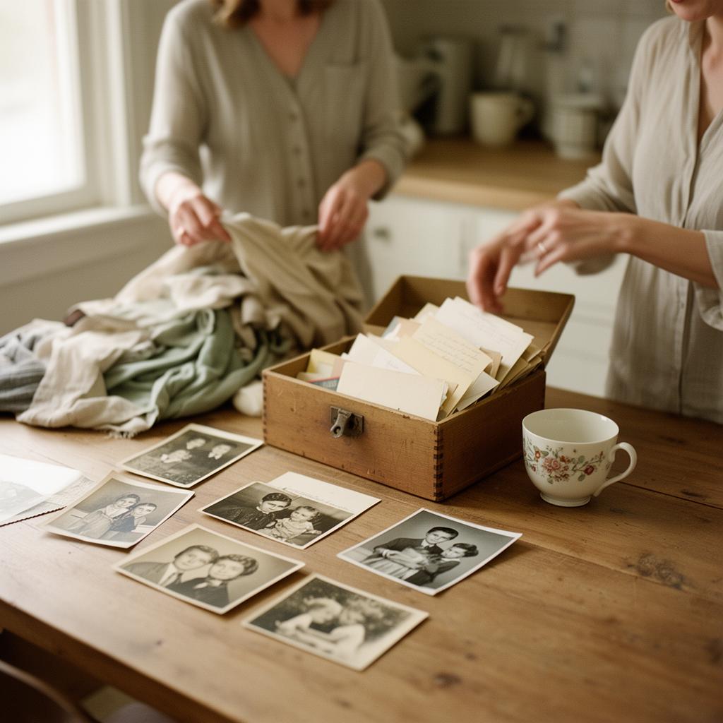 Family sorting through belongings at a kitchen table after a death, with photographs and papers spread out