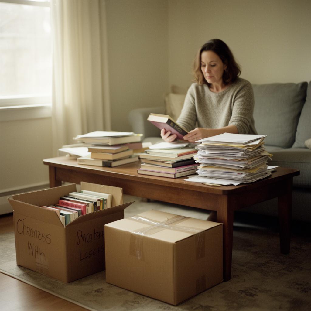 A family member sorting books and paperwork in a living room, with labeled boxes organized by category