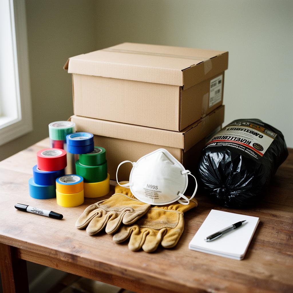 A sorting supplies kit laid out on a table — banker's boxes, colored tape, markers, work gloves, and contractor trash bags