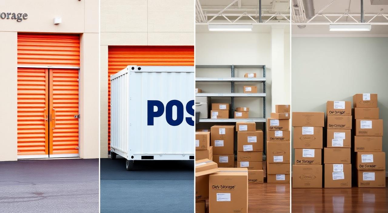 Four storage scenarios side by side — a self-storage facility, a PODS portable container on a driveway, a climate-controlled warehouse, and boxes in a spare bedroom