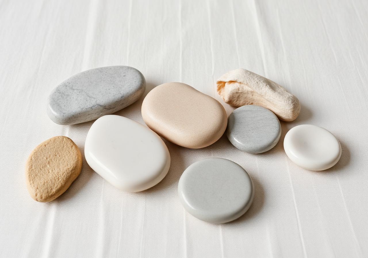Ashes turned into stones — smooth, solidified remains in soft neutral tones on a calm linen surface