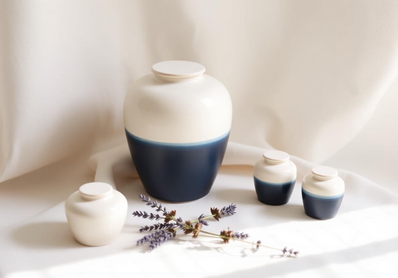 Urns for cremation ashes — full-size ceramic urn and small keepsake urns on cream linen with dried lavender