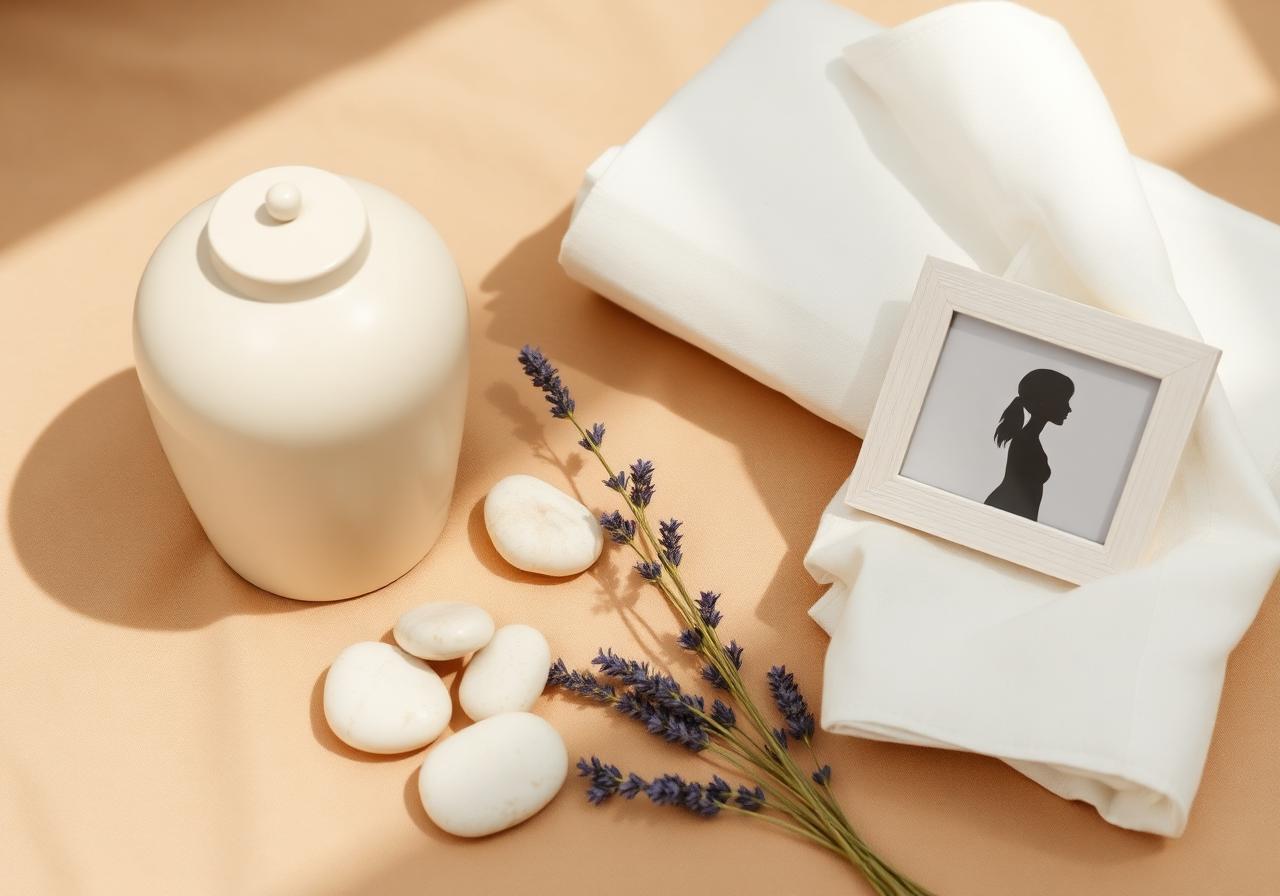 Urn, cremation stones, dried lavender and a small framed photo arranged as memorial options after cremation