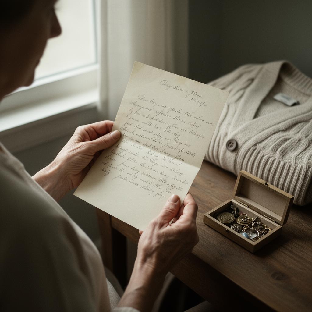 A woman looking at a handwritten letter while sorting a deceased parent's belongings